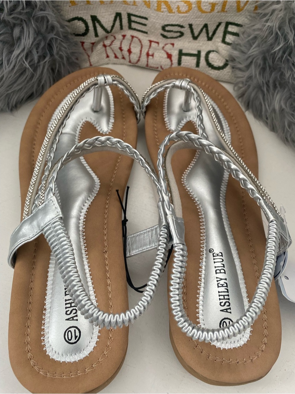 Ashley Blue Metallic Silver Braided Toe-Loop Sandals